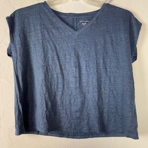 Eileen Fisher Shirt Knit‎ Top Tee Jersey Knit V Neck Organic Linen Solid Blue
